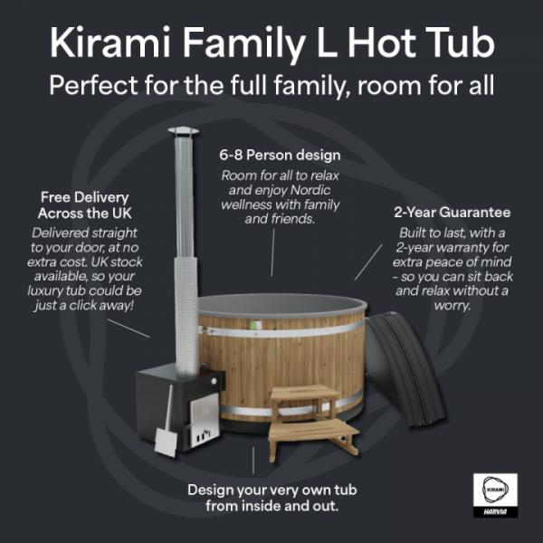 Introducing the Kirami Family L Hot Tub, Designed for Bonding⁠
⁠
Make unforgettable moments with the Kirami Family L hot tub. This beautifully designed, spacious tub is perfect for everyone in the family to enjoy safely.⁠
⁠
✔️ Accommodates up to 8 people comfortably⁠
✔️ Accessible for all age groups⁠
✔️ Quick and effective wood-fired heating⁠
✔️ Durably constructed for year round use⁠
⁠
Whether you're enjoying a serene night in or hosting a weekend get together, the Family L is your ideal choice for cherished experiences and meaningful connections.⁠
⁠
Because family moments deserve to be this cosy.💧✨ ⁠
⁠
#KiramiFamilyL #HotTubExperience #FamilyMemories #WoodFiredRelaxation #OutdoorLifestyle #ConnectWithUs #KiramiUK